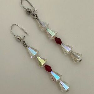 Drop Earrings with Vintage Clear Glass and Red Beads NWOT
